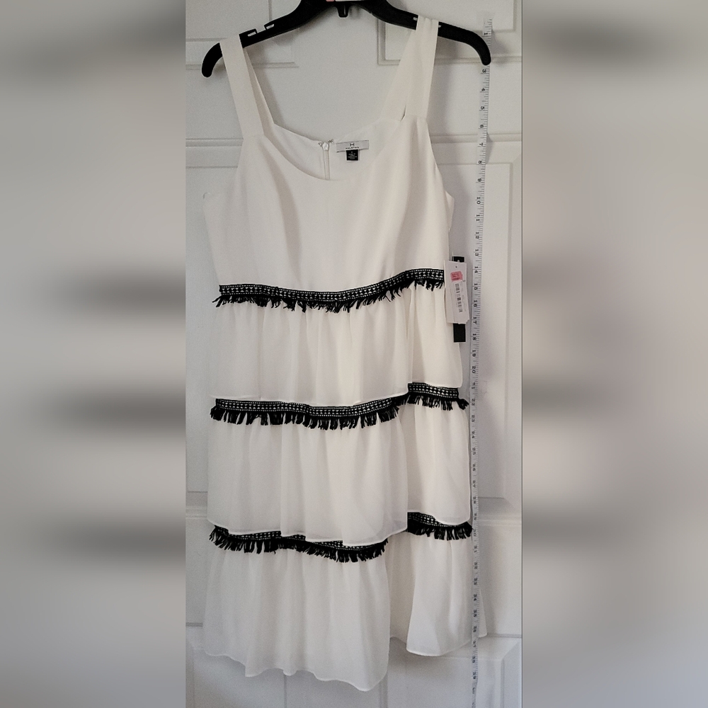 NWT Halston Dress white with black fringe knee length size med.